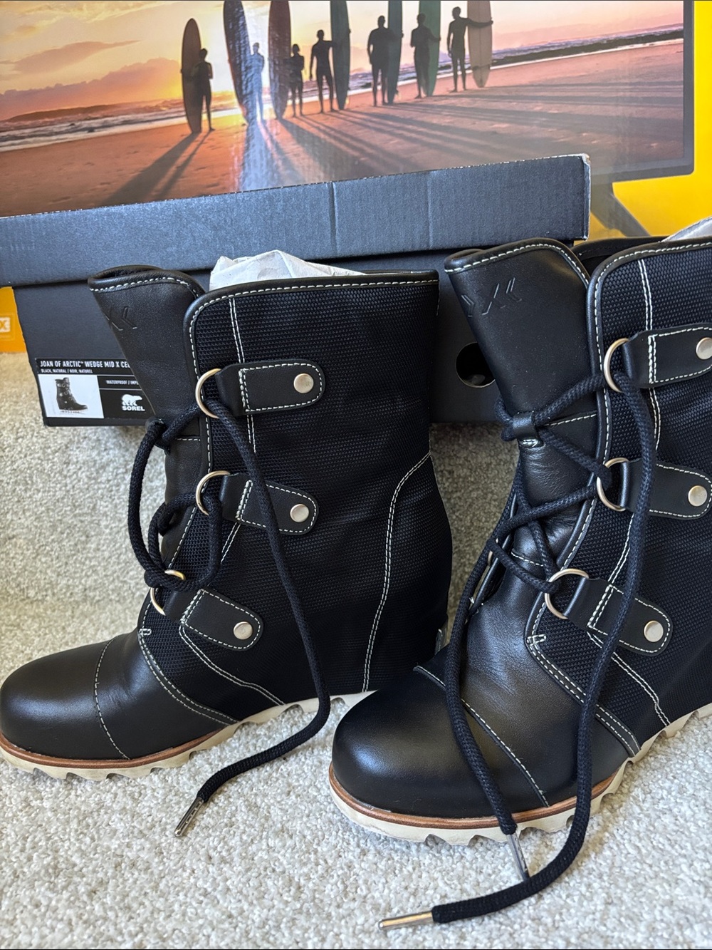 Sorel Black and Tan Wedge Lace-Up Women's Boots